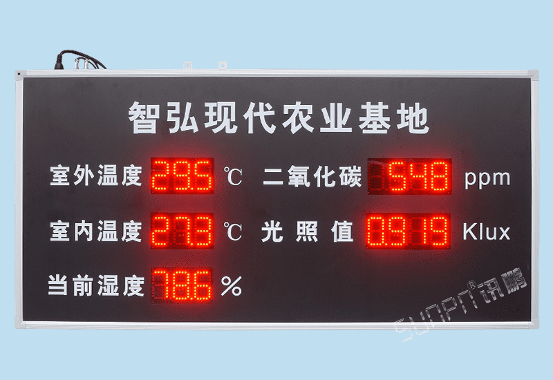 訊鵬定制化LED顯示屏-農(nóng)業(yè)環(huán)境數(shù)據(jù)電子看板-溫濕度二氧化碳光照值實(shí)時(shí)監(jiān)測數(shù)據(jù)公示牌